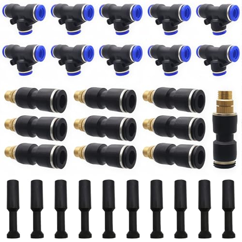 Spray Nozzles, Dujelixa Brass Straight Irrigatie Nozzles, 10 stuks Mist Sprayer met 10 stuks T-Type Connector + 10 stuks Chokeplug voor Irrigatie, Besproeiing, Greenhouse, Lawn