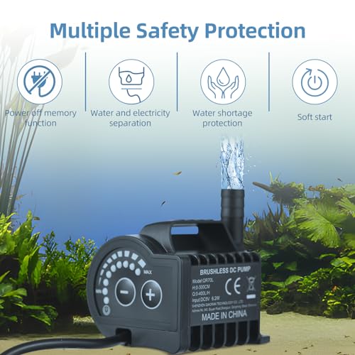 Elektrische waterpomp, draagbare Mini-duikpomp, 5 V, snelheidsregeling met 8 niveaus, pomp voor kleine fonteinen, maximale debiet 600 l/h met 2 m USB-kabel en (QR70L) 3