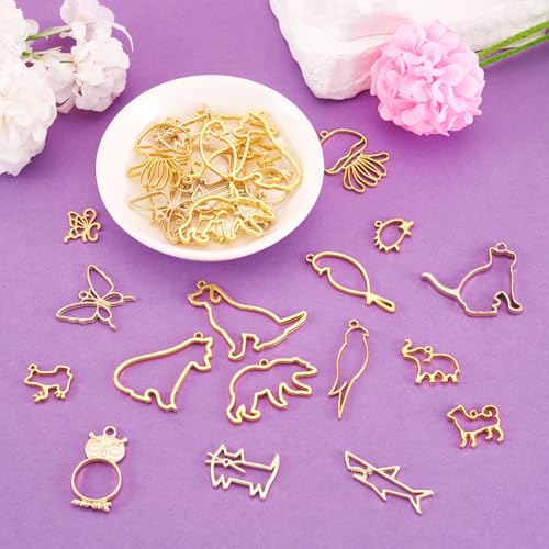 32 st Dier Open Omlijsting Hangers Kat / hond Hollow Legering Bedels voor DIY UV Hars Goud Vlinder Uil Hollow Frame voor DIY Hars Casting Geperst Bloem sieraden 3