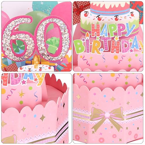 60e verjaardagskaart, Pop Out verjaardagskaart grappig gelukkig verjaardagskaart zoet 3D met wenskaart en envelop voor vrouwen meisje jongen mam geschenk beste vriend decoratie, roze 4