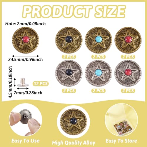 12 Sets Screwback Rivets lederen Rivet Knoppen Tibetaanse stijl Decoratieve Rivets Studs voor Purse handtas Schoenen Lederen Craft Kleding Belt