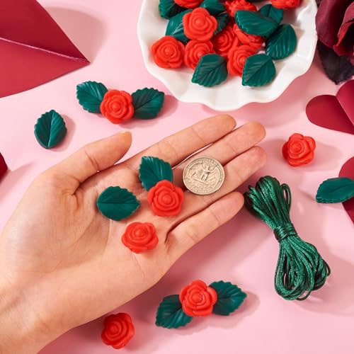 40 st. Roze bloem blad Siliconen focal kralen met Nylon Wire Rose sieraden maken Kits Rode bloem Groen blad kralen voor DIY Kunst Ambachten sieraden maken 5