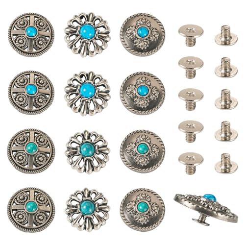 12 Sets Turquoise schroef terug Rivets lederen Rivet Antiek zilveren knop Decoratie Stud Rivets voor Purse handtas Schoenen leren Craft Kleding Belt