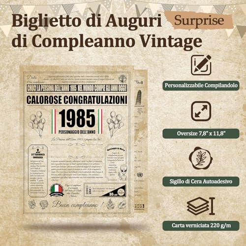 Biglietto Auguri Compleanno 40 Anni - Personalizzata Idea Regalo Compleanno Originelen voor Uomo e Donne, Biglietti di Auguri Vintage met Busta voor Mamma, Papà, Amico, Famiglia, Nonno (1985)