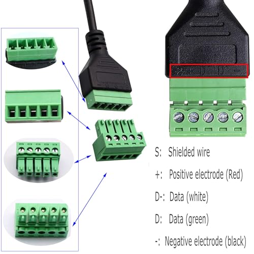 2 stuks terminal stekkers USB C, USB C mannelijke kabel, USB C stekker naar 5 pin terminal blok kabel USB C soldeervrije schroef terminals voor het laden en overbrengen van gegevens 5