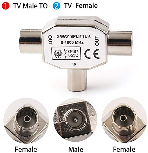 Coaxiale Distributeur 2-gang, Antenna Distributeur, Satelliet Distributeur 0-1000 MHz voor DVB-T/BK, T-Adapter Kabel TV Divider + 5 x TV Antenna Coaxiale Plugs