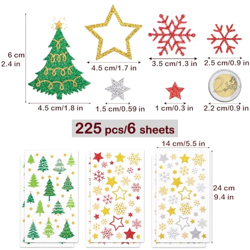 225 stuks Glitter Snowflake Sticker Zelfklevende ster Sticker Kerstboom Transparant Ideale etiketten voor kaarten maken Scrapbook Holiday Envelope Seal