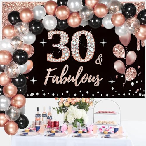 30e verjaardag decoratie voor vrouwen, 30e verjaardag decoratie zwart en roos goud glitter vlekken stof schild poster, 30e verjaardag achtergrond banner vrouw 30e verjaardag feest decoratie 3