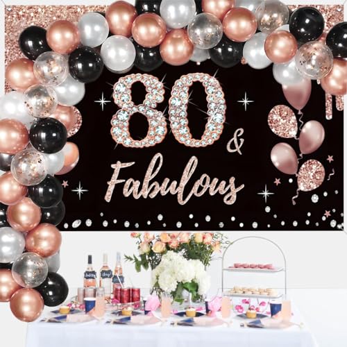 80e verjaardag decoratie voor vrouwen, 80e verjaardag decoratie zwart en rose goud glitter vlekken stof teken poster 80e verjaardag achtergrond banner vrouw 80e verjaardag feest decoratie 3