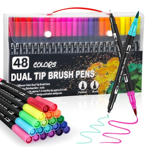 Penseel Pen Lettering 48 Kleuren Vilt Tip Pennen Dubbel Tip 0.4mm en 1-2mm Penseel Tip, Aquarel Pennen voor Volwassenen Bullet Journal, Kleurplaten, Mandala, Tekening op school
