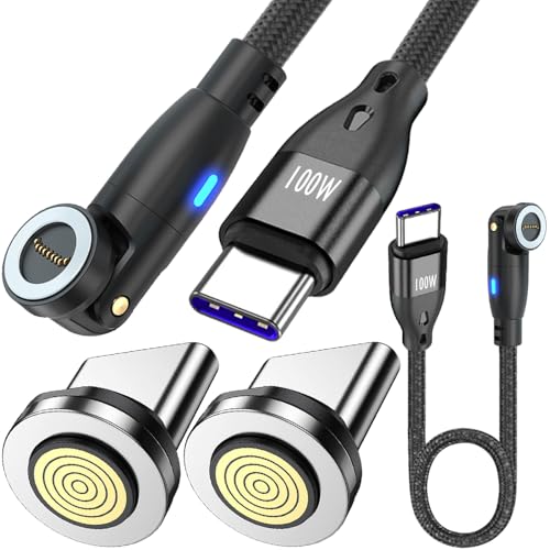 9-pins PD 100 W magnetische opplaadkabel, 540° draaibare Type-C naar Type-C magnetische telefoonkabel met LED-lampje, met 9-pins Type-C magnetische tips