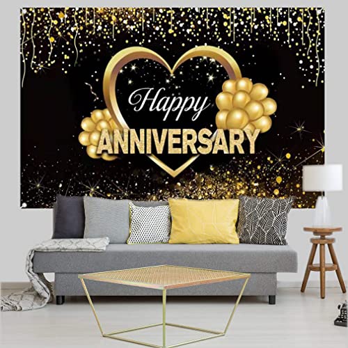 Gelukkige verjaardag decoratie, bruiloft verjaardag Feest Banner Stof Tekenposter Achtergrond Banner, Tafelkleed, Zwart & Goud, 150cm x 90cm 3