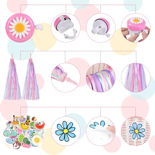 Fietsmand voor kinderen en meisjes Front - Afneembare, gevlochten van Rattan met lederen riemen, Streamers, Fietsbel en Sticker 4