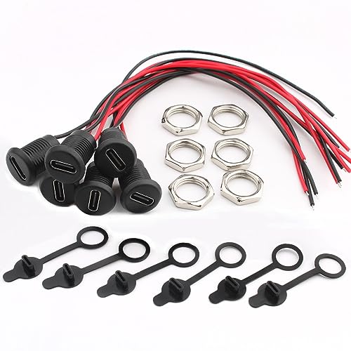 Verpakking van 6 waterdichte USB-C Connector, 2-draads installatie, Type C C Connector, USB-C Connector voor Panelmontage, met Nut Fuse Plate, Stofhoes