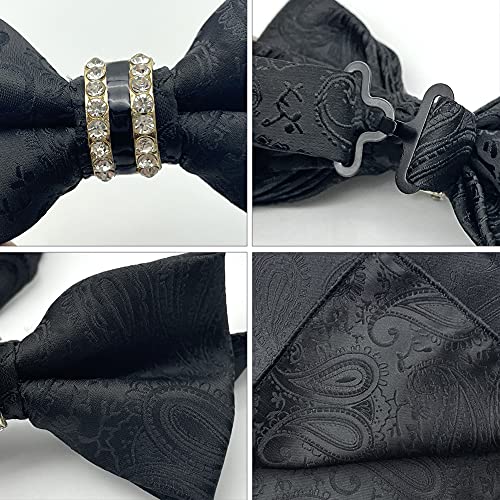 Bow Tie Pocket Square Set voor mannen Zwarte Tie en Pocket Square Set met cadeaudoos Double Layer Verhoogd patroon Voorgevormde Bows 2-Piece, zwart 5