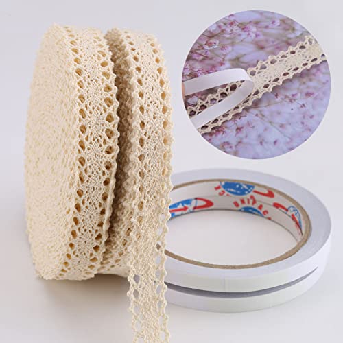 Zelfklevende Lace Ribbon 26 Meters Katoen Deco Tape -2cm Vintage Kant Border Hook Trims voor ambachten Naaien bruiloft Decoratie Scrapbooking Gift Box (Beige)