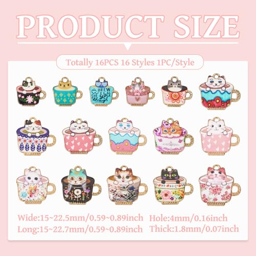 16 st Cat Emaill Bedels voor sieraden het maken van kitten met koffie Cup bengelen Bedels huisdier dierlijke Legering Hangers Bulk voor ketting vrouwen armband oorbellen ambachtelijk DIY, metalen Emaill, Geen edelsteen 5