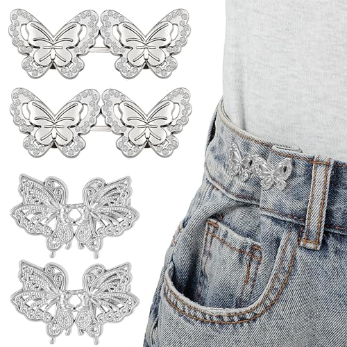 4 Sets Butterfly Pants Taist Tightener, verstelbare Taist Buckle Set Afneembare Knop Aansteker Knoppen Knoppen voor Broek Jeans Rokken Mouwen, Zilver, One Size, zilver