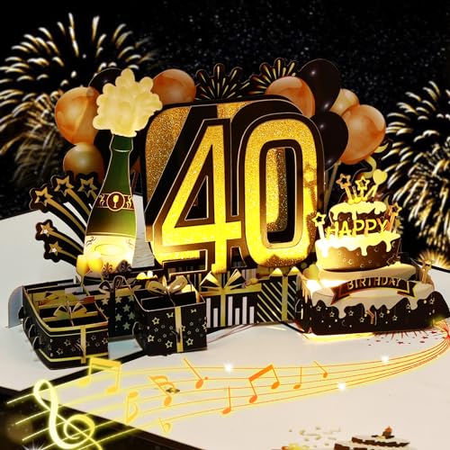 40e verjaardagskaarten vrouwen, lichten en geluid pop up verjaardagskaarten voor mannen, gelukkige verjaardagskaarten met envelop voor vrouwen mama vrouw mannen man vader vrienden