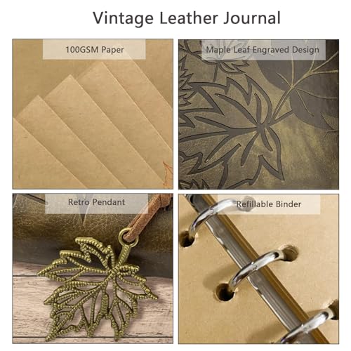 Lederen Notizbuch A6, 18,5x12 cm Vintage Nachfüllbar Reisetagebuch mit Blanko-Seiten, Ringbuch Tagebuch und Skizzenbuch, Dickes Papier, Softcover, Rezeptbuch zum Selberschreiben (Grün) 3