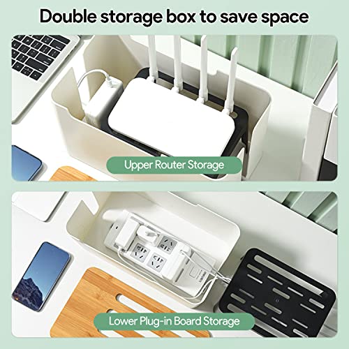 Kabelbeheer Box met houten deksel en plateau, 31 x 18 x 16,5 cm, Witte Plastic Kabel Box, Grote Bureau Kabelkast voor Verbergen TV, Computer, Router, Kabel Sockets