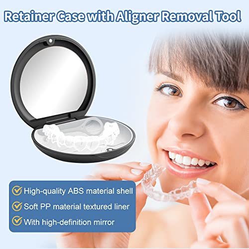 Tandheelkundige Apparaathouder met Spiegel, 2 stuks, Portable Rack en Pinion Holder voor Orthodontische Apparaten, Lege Doos voor Gedeeltelijke prothesen met Uitlijningsgereedschap (Zwart + Zwart)
