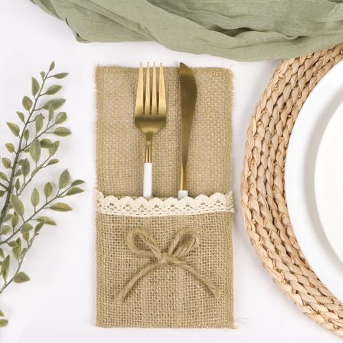 20 st. Natuurlijke Jute Utensil Houders (11 x 21 cm) Messen Vorken Burlap Bestek Bag Bestek houder Bag Jute White Lace Jute Hessian Rustic Land voor bruiloft Festival Evenement 4