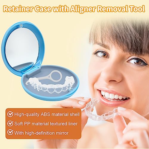 Bewaarer Case, 2 stuks Portable Denture Box met Spiegel Lege Orthodontische Tandenhouder Doos voor Houders en Mondbeschermers met Aligner Removal Tool (Zwart + Blauw)