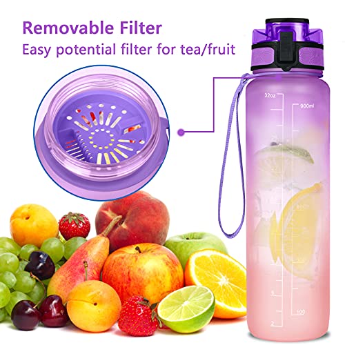 Sport Waterfles 1000 ml Tritan BPA Gratis met stro en tijdstempel voor volwassenen Sport Fitness School kleurverloop paars/oranje 4