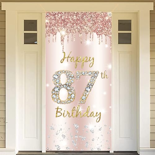 87e verjaardag decoratie vrouwen, Happy 87th Birthday deur banner roségoud, 87e verjaardag stof bord poster deurdecoratie, 87e verjaardag achtergrond banner dames, verjaardagsfeest welkomstbord
