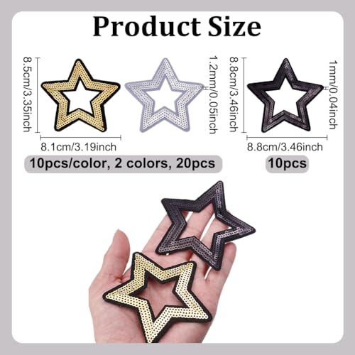 30 st 3 Styles Hollow Star Naaibare Patches, gemengde kleur Polyester pailletten Patches Iron On Star Patches voor rugzakken, Jeans Reparatie, Theater kostuum Design