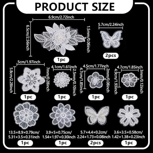 12 stuks borduurwerk Vlinder naaiijzer op patch, bloem Organza Patches Appliqué voor bruiloft bruiloft jurk Naaien Craft DIY kleding haar ornamenten, wit