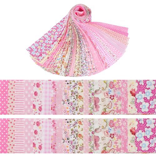40 Rolls Katoen Quilting Stof Bloemen Patronen, 20 Styles Pre-Cut 2.5 x 19.69 Inch Fabric Strips voor DIY Crafts Naaien, Poppenkleding, Kussendecoratie (Roze 6x50cm, 2 Rolls