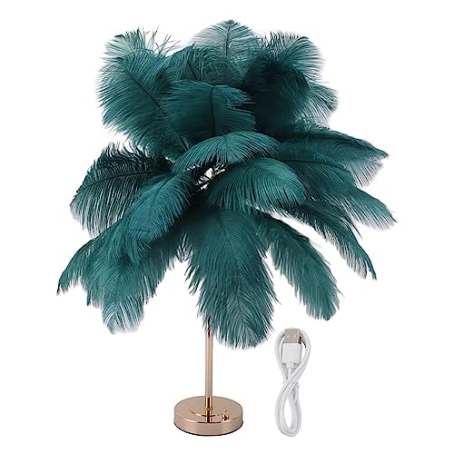 Veertafellamp 30PCS USB Oplaadbare Light Touch Control Bureaulamp met ingebouwde Batterij Natuurlijke Struisvogel Veren 3 Kleuren Licht schakelen en oneindig dimmen (Donkergroen)