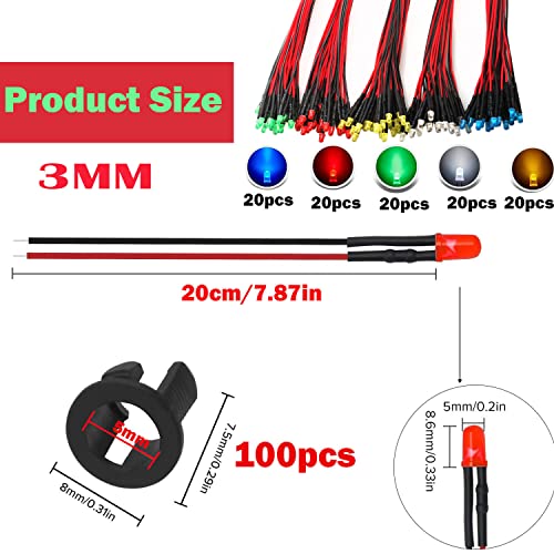 100 st 3mm 3V-9V-12V LED-diode, LED met kabel 12V, Model Railway H0 Verlichting RC Model Making LED Diodes Licht + 100st 3mm LED Montageringen Plastic (rood, geel, groen, wit