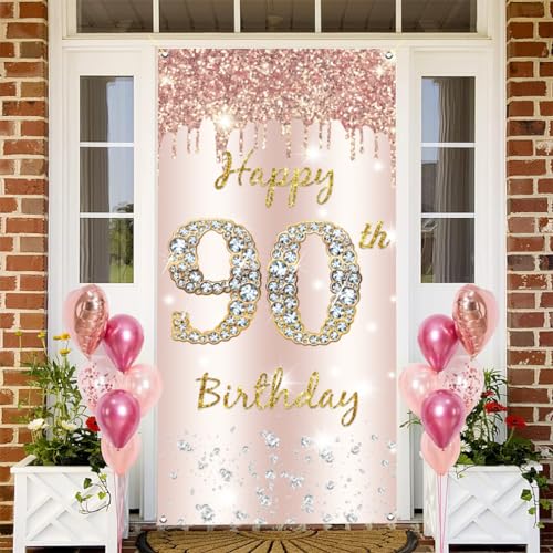 90e verjaardag decoratie vrouwen, gelukkig 90e verjaardag deur Banner Rose Gold,90e Verjaardagsstof Tekenposter Deur Decoratie,90e verjaardag achtergrond Banner Dames,Vogelfeest Welkom Teken