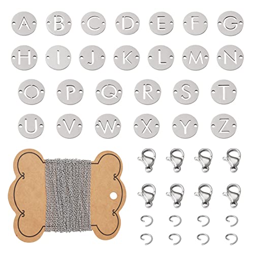 26 st 12mm Titanium stalen brief Link Charms A-Z Alfabet Hangers met roestvrij stalen kabel kettingen & clasps & Jump Rings voor armband connectoren sieraden