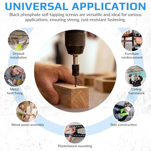 4.2mm x 25mm Wafer Head Self Tapping Screw, Black Fosfate, Modified Truss Head Carbon Steel Screws, Fine Thread Phillips Drive, Pozi Flange Head voor plaatmetaal, gipsplaten en hout (50st) 5