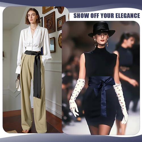 Dames Satijnen Belt, 2 stuks, zwart en marine blauw, 9.5x250cm, elastische sash voor bruiloft, feest, cosplay, zwart, marine blauw, S, zwart, marine blauw 5