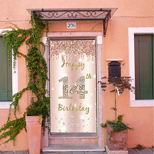 14e verjaardag meisje decoratie - Gelukkige verjaardag Rose Gold Deur Banner, Stof Tekenposter, Achtergrond Banner voor verjaardag partij 4