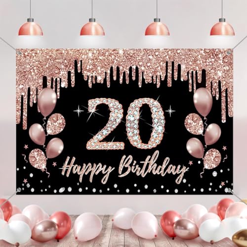 20e verjaardag decoratie voor meisjes, feest decoratie zwart en roos goud, 20e verjaardag stof teken opknoping poster, 20e verjaardag achtergrond banner partij welkom teken 5