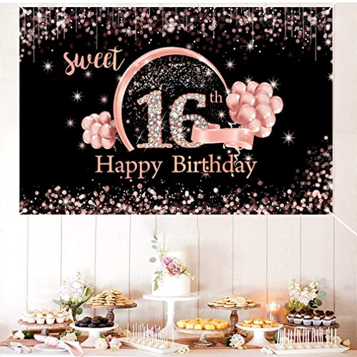 Sweet 16th Birthday Decoration - Banner Black and Rose Gold, Fabric Sign, Poster, schattige achtergrond voor meisje 5