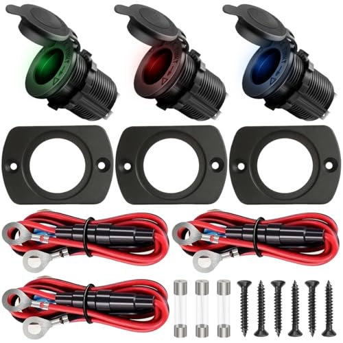 Verpakking van 3 Sigarettenaansteker Socket DC 12V 24V 10A Waterdichte Sigarettenaansteker Socket met LED-licht (rood/blauw/groen) voor auto, motor, marine, met glasbescherming