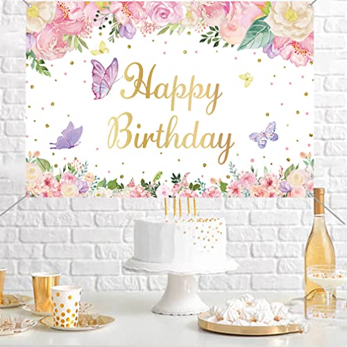 Verjaardag Decoraties voor meisjes/vrouwen, Achtergrond Banner Stof Tekenposter, Bloemen en Vlinder Achtergrond 1e 2e 3e 4e 5e 5e 6e 10e Verjaardag Partij Supplies Welkom Teken, 150cmx90cm 4