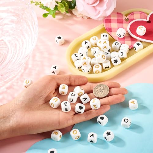 60 st Siliconen brief kralen A-E-I-O-U, 12 mm vierkant, 5 st/stijl, gemengde kleur, Perfect voor DIY Sieraden maken 5