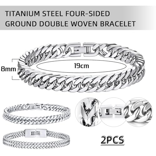 2 stuks roestvrij stalen armbanden voor mannen, zilver, stoeprand ketting, heren armband, zilveren armband mannen, paar armbanden jongens, zware schakel armbanden voor mannen, mannen armbanden voor vader, zoon