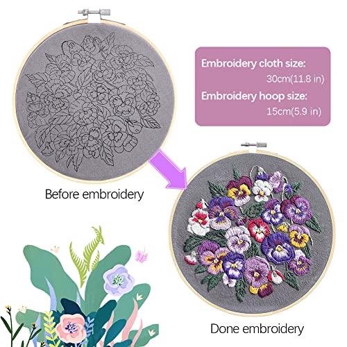 Borduursets voor volwassenen Beginners met Patroon, Linnen Viola Bloem borduren Kit Hand borduren Kits Naaien Craft Kit Inclusief Bloemen borduren Kleding Borduur Hoepel Naald 4