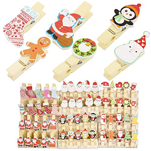 60 stuks Houten kerstclips, Decoratieve kerstclips met 6 stukken Jute Cords, Mini Clips, Kerstversiering voor fotolijst, Cadeau, Bags, Gastencadeaus