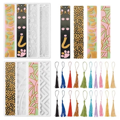 2Stuks Paw Afdrukken Bladwijzer Siliconen mallen Rechthoek 3D Het maken van bladwijzers UV-hars mallen met 20 stuks Tassels voor ambachten, sieraden het maken van decoratie