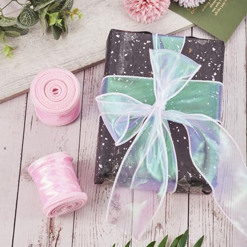 3 Rolls Polyester Iridescent Ribbon 60mm Sparkling Sheer Chiffon Ribbon Glittering Craft Decoratieve Ribbon voor Cadeau Wrapping, Bouquet Decoratie, Pearl Pink 3